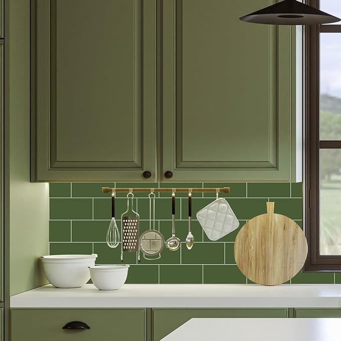 10-Pack Peel and Stick Tile Backsplash 12"X12" PVC Wall Tiles, Stick on Backsplash for Kitchen, Bathroom Tile, Fireplace Décor, Laundry Table, Stair Decals in Polished Green