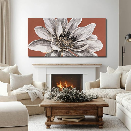 ZHENGYIN Oversized White Flower Canvas Wall Art, Textured Floral Painting on Warm Terracotta Background, Modern Farmhouse Wall Decor for Living Room, Great Room or Over Sectional, 29×58 Inch