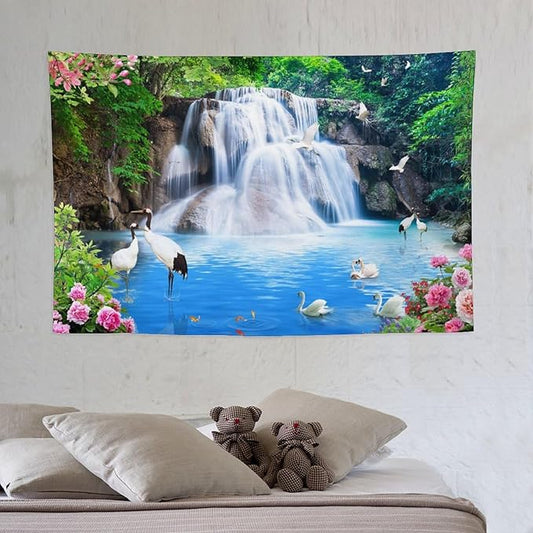 ZhiRain Waterfall Landscape Tapestry Wall Hanging Natural Forest Garden Trees And Roses Flower Scenery Tapestries Home Decor for Living Room Bedroom Apartment Farmhouse Dorm 40"x60"