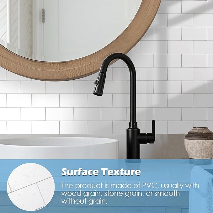 10-Pack Peel and Stick Tile Backsplash 12"X12" PVC Wall Tiles, Stick on Backsplash for Kitchen, Bathroom Tile, Fireplace Décor, Laundry Table, Stair Decals in Pure White