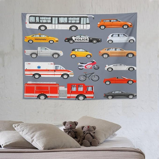 ZhiRain Transportation Tapestry Wall Hanging Various Vehicles Cartoon Cars Bus Police Car, Ambulance Tapestries Home Decor for Living Room Bedroom Apartment Farmhouse Dorm 30"x40"