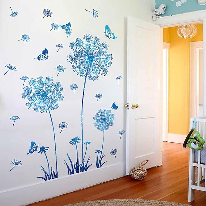 Arawat 2 Set Dandelion Wall Decals - Blue Flower Stickers, Murals, Butterflies Decor for Bedroom, Office, Bathroom, Living Room - Floral Removable Peel and Stick Room Decoration