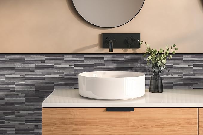 Yipscazo Peel and Stick backsplash 3 x 6 Inches 3D PVC Composite Wall Tile Stick on Backsplash Tile for Kitchen Bathroom, Laundry Room, Fireplace(Black Wood, 32 Pieces)