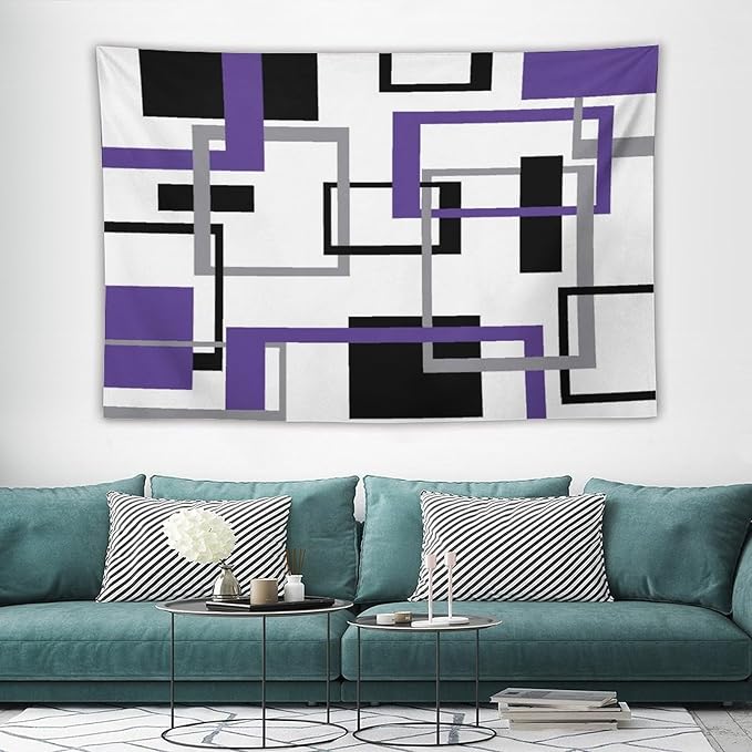 ZhiRain Purple Tapestry Wall Hanging Mid Century Modern Geometric Abstract Lavender Black Grey Square White Backdrop Tapestries Home Decor for Living Room Bedroom Apartment Farmhouse 40"x60"