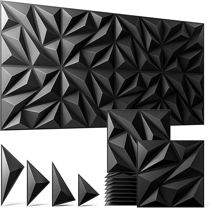 ZELMINE 64 Pack 3D Wall Panels for Interior Wall Decor, 11.8'' x 11.8'' Decorative Wall Panels, Accent Wall Panels, 3D Diamond Design Wall Decor for Living Room, Bedroom, Gaming Room, Black