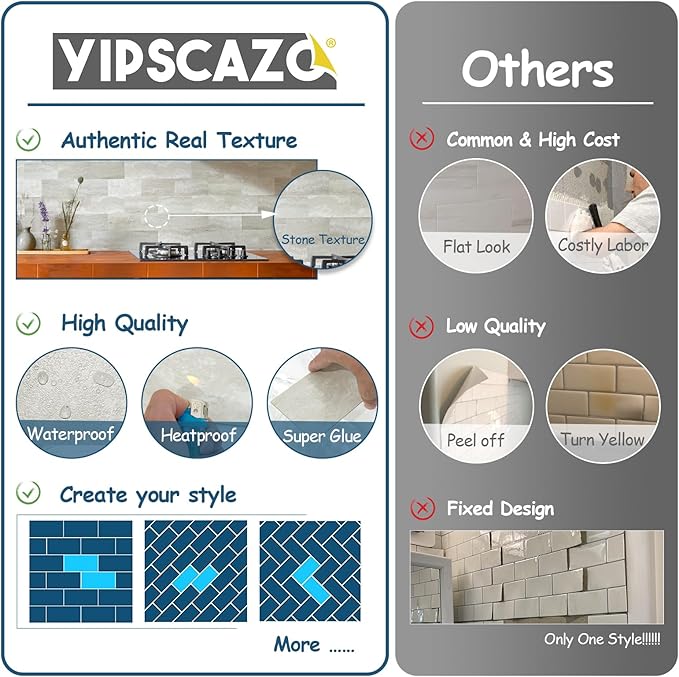 Yipscazo Peel and Stick backsplash 3 x 6 Inches 3D PVC Composite Wall Tile Stick on Backsplash Tile for Kitchen Bathroom, Laundry Room, Fireplace(Cave Stone, 100 Pieces)