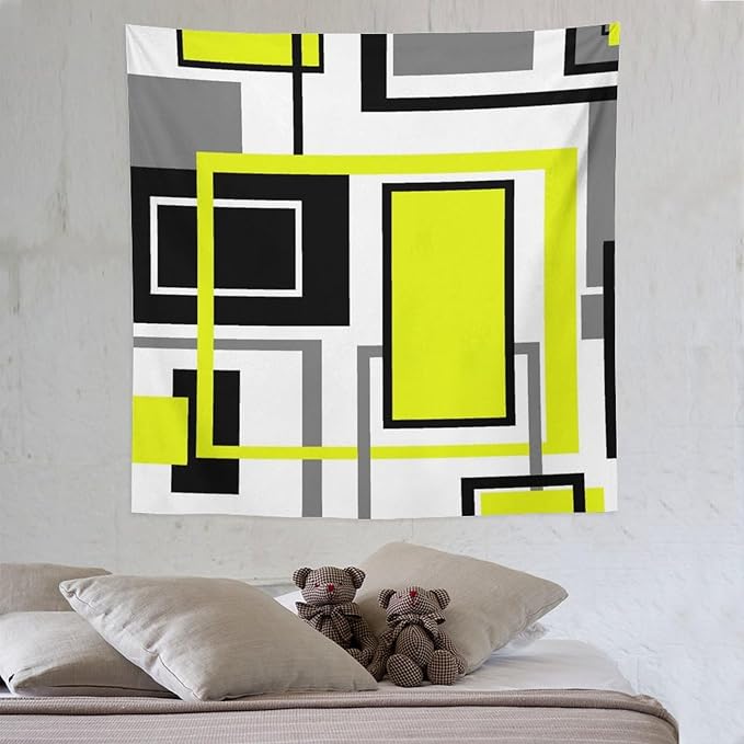 ZhiRain Yellow Geometric Tapestry Wall Hanging Yellow Modern Black And Gray Tapestries Home Decor for Living Room Bedroom Farmhouse Apartment Dorm 60"x60"