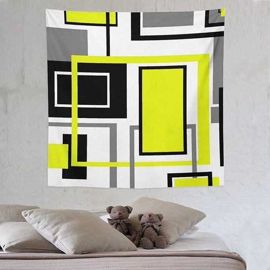 ZhiRain Yellow Geometric Tapestry Wall Hanging Yellow Modern Black And Gray Tapestries Home Decor for Living Room Bedroom Farmhouse Apartment Dorm 60"x60"