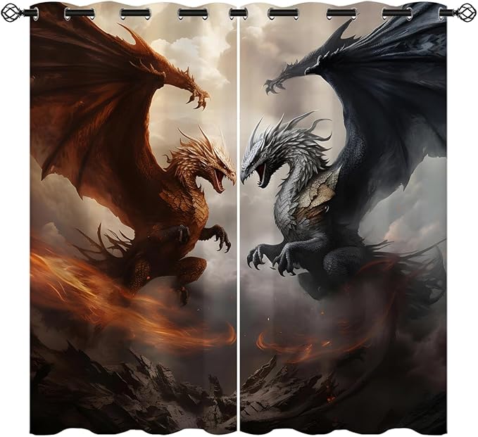 18TH CROZY Dragon Blackout Curtains for Girls Boy Home Decor, Fantasy Medieval Magical Animal Grommet Thermal Insulated Drapes Darkening Window Curtain for Bedroom Living Room, 55 x 63 Inch