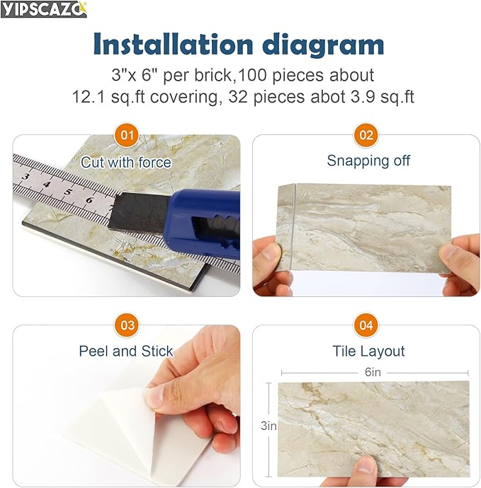 Yipscazo Peel and Stick backsplash 3 x 6 Inches 3D PVC Composite Wall Tile Stick on Backsplash Tile for Kitchen Bathroom, Laundry Room, Fireplace(Polished Beige, 32 Pieces)