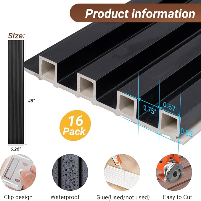 3D Wall Panels for Interior Wall Decor 16 Pack 48"x 6", WPC Matte Black Accent Wall Panels Decorative Covering Wainscoting Panels, Slat Wall Paneling for Bedroom, TV Wall Decor for Living Room