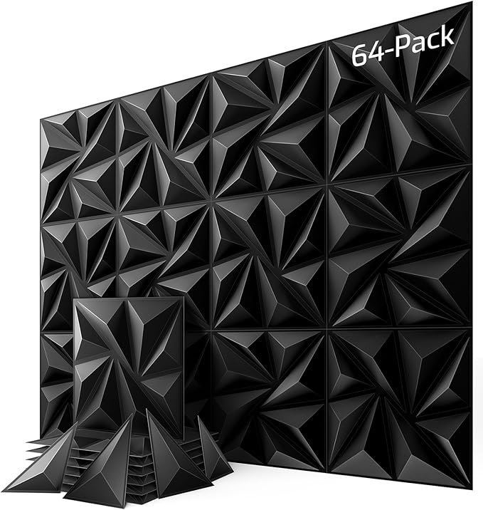 64-Pack Black 3D Wall Panels, 94" x 94" Textured Geometric Design Wall Tiles, PVC Decorative Wall Panels for Living Room, Bedroom, Bathroom, Office, Modern Wall Decor, Easy Install & Paintable