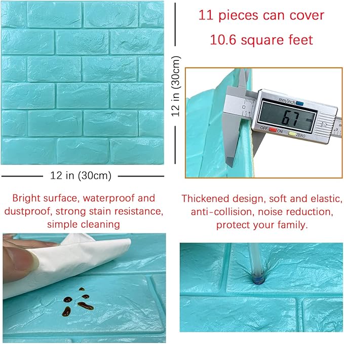 11PCS 3D Wall Panels Peel and Stick Faux Brick Wallpaper Blue Self Adhesive Foam Brick Paneling Faux Stone Wall Panels (11PCS, Blue)