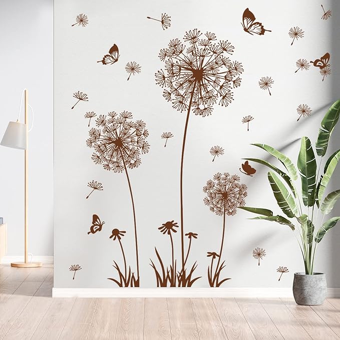 2 Sheets Dandelion Wildflower Wall Decals Art, Wall Art Stickers Peel and Stick Floral Butterflies Flying Decor for Girls Kids Women Baby Nursery Living Room Bedroom Bathroom Hallway Stairwell (Brown)