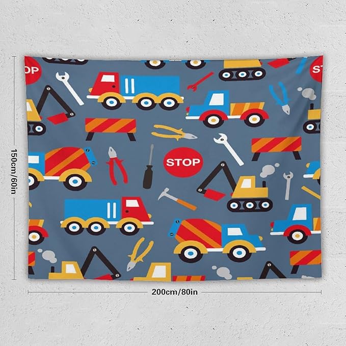 ZhiRain Cartoon Bulldozer Truck Tapestry Wall Hanging for Kids Bedroom, Cartoon Tractor Tapestries Home Decor for Living Room Bedroom Apartment Farmhouse Dorm 60"x80"