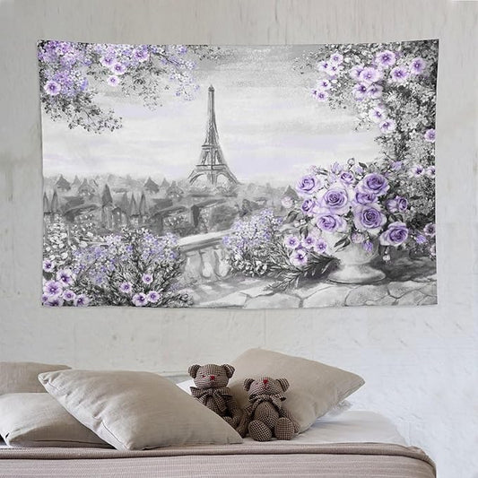 ZhiRain Vintage Paris Tapestry Wall Hanging Eiffel Tower Purple Rose Flower Spring Cityscape Gray Tapestries Home Decor for Living Room Bedroom Apartment Farmhouse Dorm 60"x90"