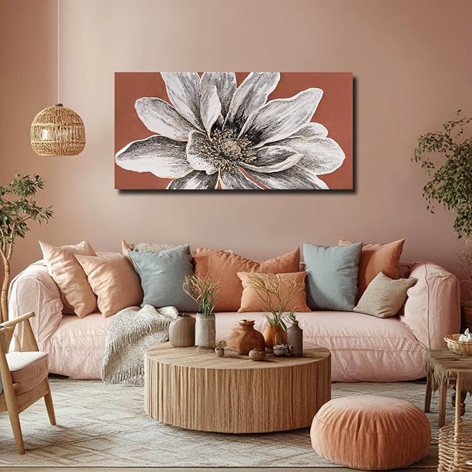ZHENGYIN Hand-Painted White Flower Canvas Wall Art, Textured Floral Artwork, Modern Farmhouse Wall Decor for Bedroom Living Room Entryway, 20×40 in