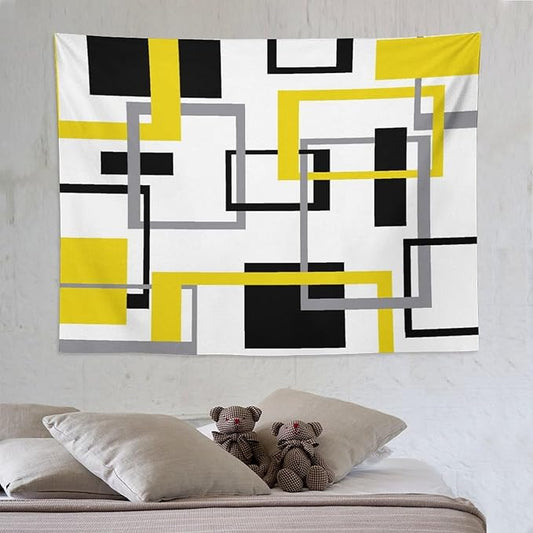 ZhiRain Yellow Black Geometric Tapestry Wall Hanging Neutral Abstract Modern Tapestries Home Decor for Living Room Bedroom Apartment Farmhouse Dorm 60"x80"