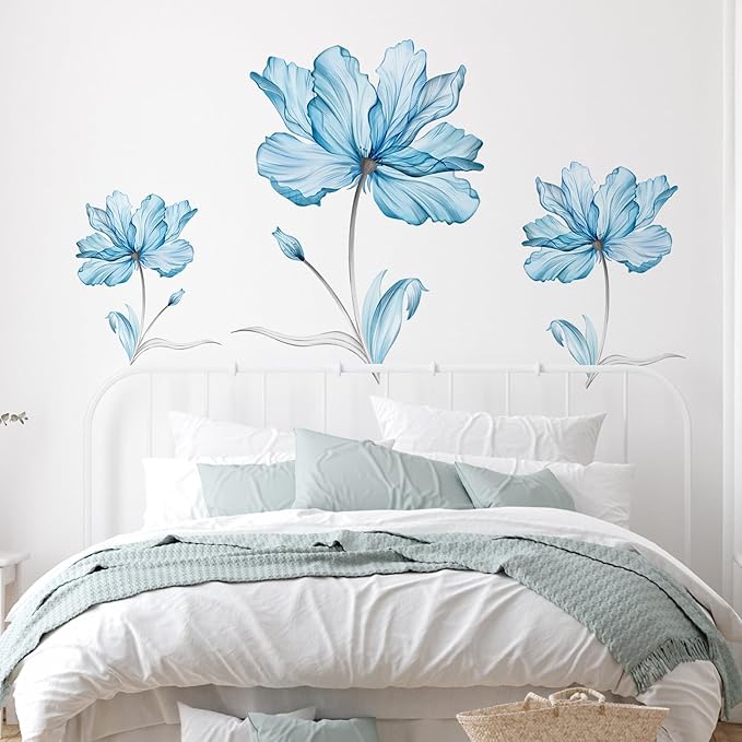 Zonon 6 Pcs Flowers Wall Decals Stickers Vinyl Removable Peel and Stick Colorful Dragonflies Floral Wall Murals Decor for Bedroom Living Room Nursery(Blue Flower)