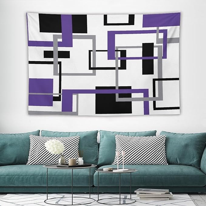 ZhiRain Purple Tapestry Wall Hanging Mid Century Modern Geometric Abstract Lavender Black Grey Square White Backdrop Tapestries Home Decor for Living Room Bedroom Apartment Farmhouse 60"x90"