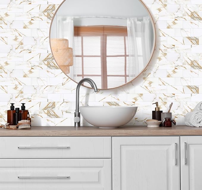 Yipscazo Peel and Stick backsplash 3 x 6 Inches 3D PVC Composite Wall Tile Stick on Backsplash Tile for Kitchen Bathroom, Laundry Room, Fireplace(Carla with Gold, 32 Pieces)