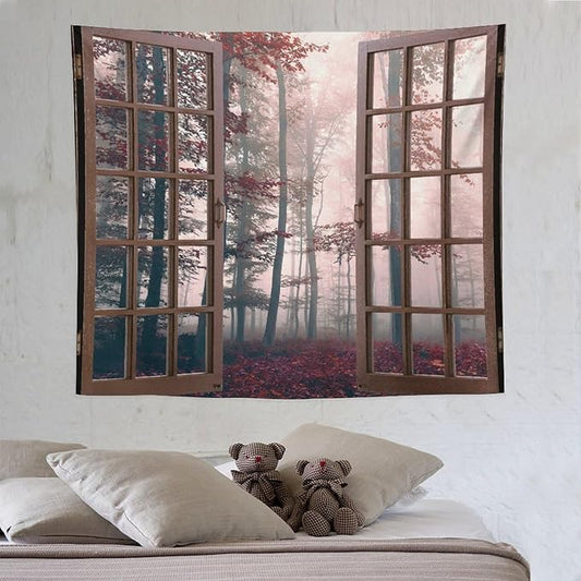 ZhiRain Nature Forest Tapestry Wall Hanging Autumn Mystic Foggy Fall Enchanted Woods Wild Trees Print Tapestries Home Decor for Living Room Bedroom Apartment Farmhouse Dorm 50"x60"