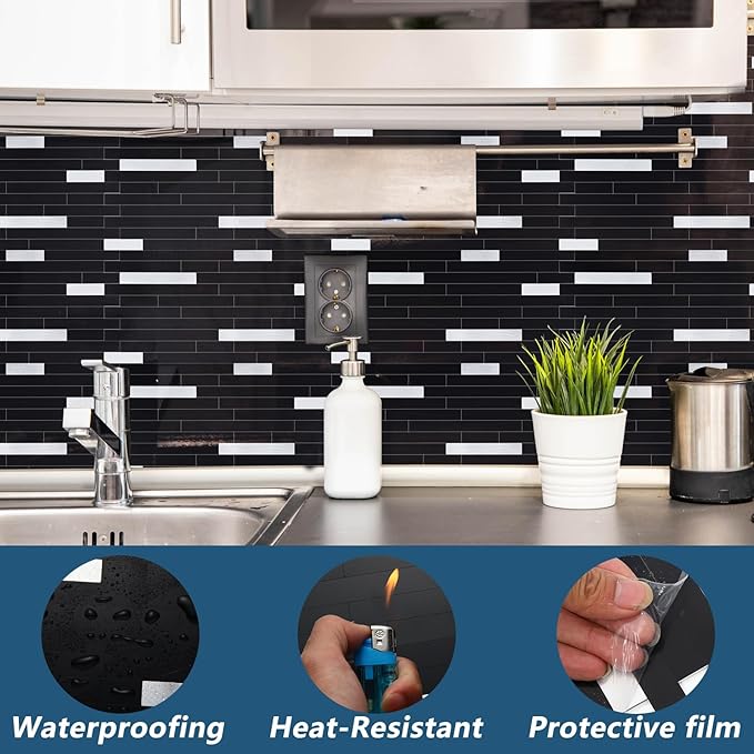 Yipscazo 40 Sheets Peel and Stick Stone Metal Backsplash, PVC Wall Tiles Stick on Tiles for Backsplash Kitchen, Bathroom, Fireplace (6'' X 12'', Black)