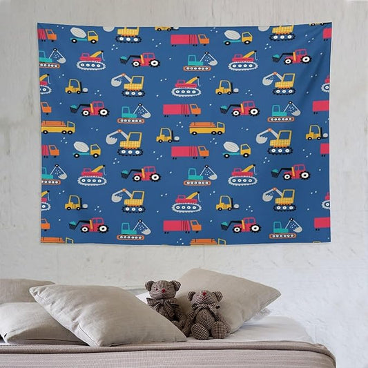 ZhiRain Cartoon Cars Print Tapestry Wall Hanging for Kids Room Cartoon Shovel And Trucks Blue Tapestries Home Decor for Living Room Bedroom Apartment Farmhouse Dorm 60"x80"