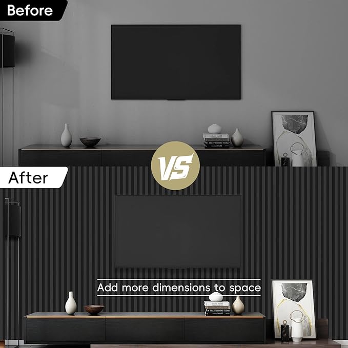 18Pack WPC Wainscoting Panels, 48.2 x 6.2 Inches 3D Accent Wall Panels for Interior Wall Decor, Fluted Wood Paneling for Living Room, TV Background, Office, Bedroom(Matte Black)