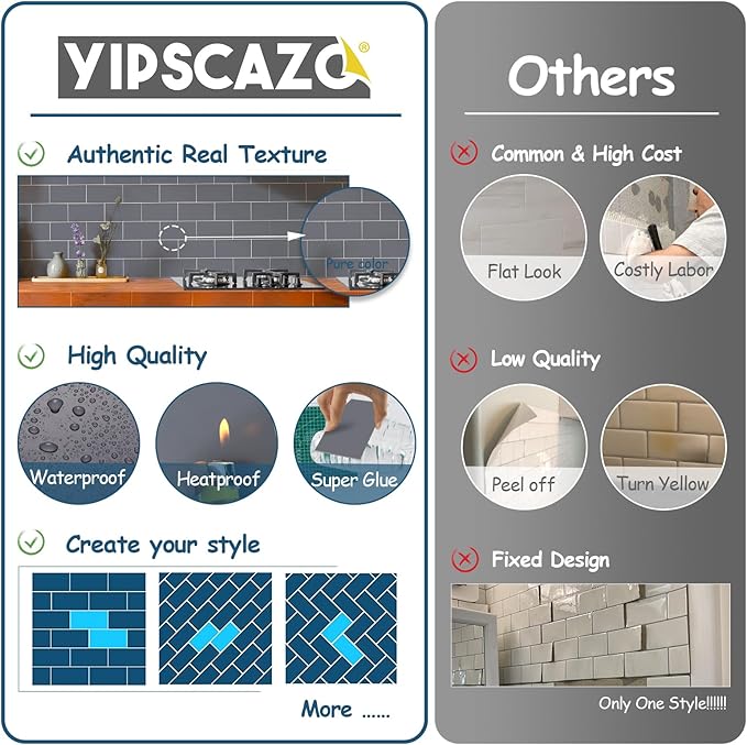 Yipscazo Peel and Stick backsplash 3 x 6 Inches 3D PVC Composite Wall Tile Stick on Backsplash Tile for Kitchen Bathroom, Laundry Room, Fireplace(Gray, 32 Pieces)