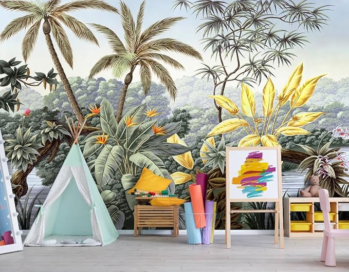 YIHWM -Tropical Botanical Palm Leaf Fabric Wallpaper Living Room Bedroom Bathroom Rainforest Plant Jungle Large Wall Mural- 137"x96"（ not Peel and Stick）