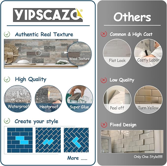 Yipscazo Peel and Stick backsplash 3 x 6 Inches 3D PVC Composite Wall Tile Stick on Backsplash Tile for Kitchen Bathroom, Laundry Room, Fireplace(Wood, 100 Pieces)
