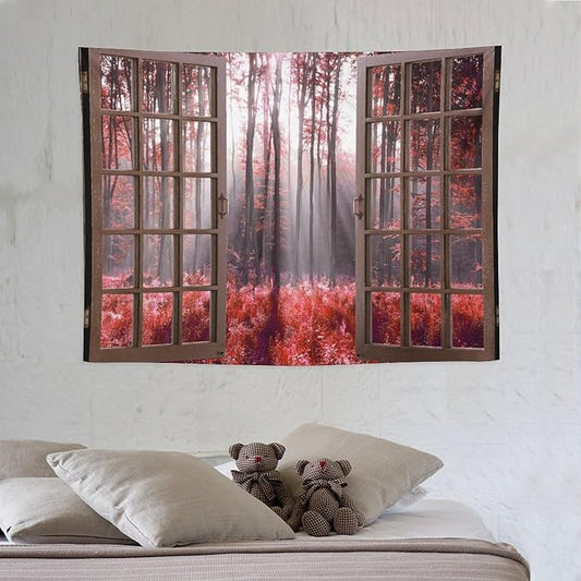 ZhiRain Red Forest Tapestry Wall Hanging Season Foggy Nature And Enchanted Woods Wild Trees Print Tapestries Home Decor for Living Room Bedroom Apartment Farmhouse Dorm 30"x40"