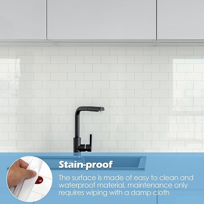 10-Pack Peel and Stick Tile Backsplash 12"X12" PVC Wall Tiles, Stick on Backsplash for Kitchen, Bathroom Tile, Fireplace Décor, Laundry Table, Stair Decals in Polished Cream White