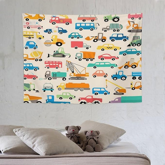 ZhiRain Cartoon Cars Print Tapestry Wall Hanging Cartoon Shovel And Trucks Tapestries Home Decor for Living Room Bedroom Apartment Farmhouse Dorm 30"x40"
