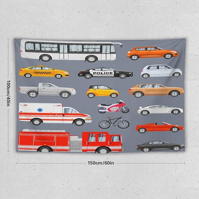 ZhiRain Transportation Tapestry Wall Hanging Various Vehicles Cartoon Cars Bus Police Car, Ambulance Tapestries Home Decor for Living Room Bedroom Apartment Farmhouse Dorm 40"x60"