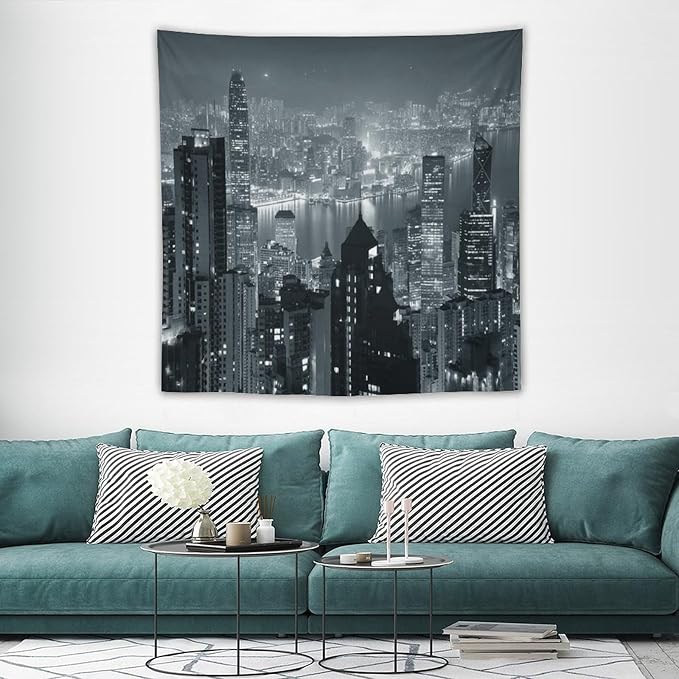 ZhiRain City Tapestry Wall Hanging Aerial Night View Hong Kong Skyline Modern Famous Urban Town Tapestries Home Decor for Living Room Bedroom Apartment Farmhouse Dorm 60"x60"