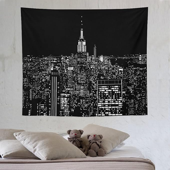 ZhiRain New York Tapestry Wall Hanging Black White Modern Night City Light Tapestries Home Decor for Living Room Bedroom Apartment Farmhouse Dorm 50"x60"