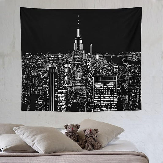 ZhiRain New York Tapestry Wall Hanging Black White Modern Night City Light Tapestries Home Decor for Living Room Bedroom Apartment Farmhouse Dorm 50"x60"