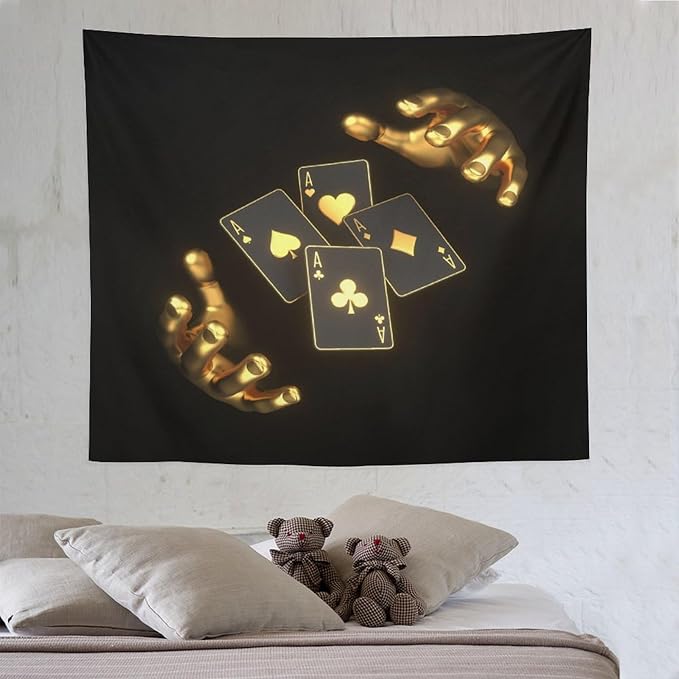 ZhiRain Poker Theme Tapestry Wall Hanging Modern Black Gold Playing Cards Art Printed Tapestries Home Decor for Living Room Bedroom Farmhouse Apartment Dorm 50"x60"
