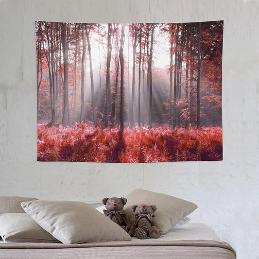 ZhiRain Red Forest Tapestry Wall Hanging Season Foggy Nature And Enchanted Woods Wild Trees Print Tapestries Home Decor for Living Room Bedroom Apartment Farmhouse Dorm 30"x40"