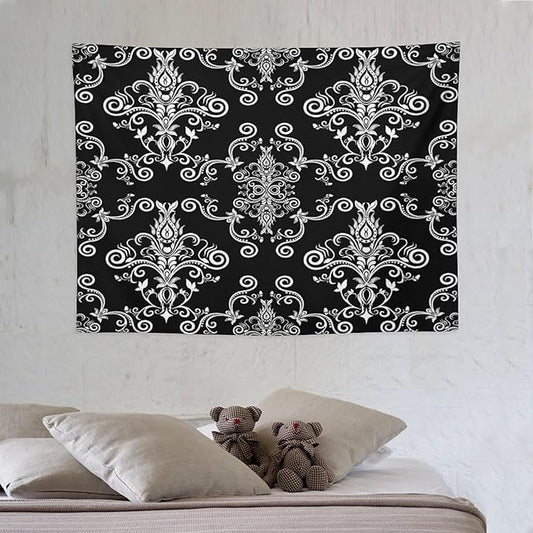 ZhiRain Black Gothic Tapestry Wall Hanging Damask Floral Vintage Antique Baroque Classic Pattern Retro Tapestries Home Decor for Living Room Bedroom Farmhouse Apartment Dorm 30"x40"