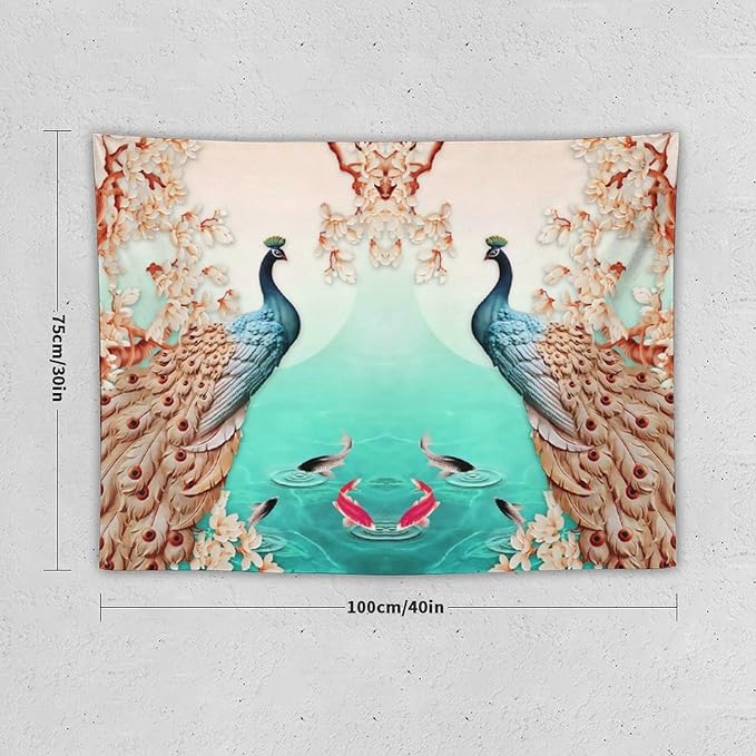 ZhiRain Peacock Tapestry Wall Hanging Retro Floral Elegant Vintage Feather Flower Theme Koi Fish Tapestries Home Decor for Living Room Bedroom Farmhouse Apartment Dorm 30"x40"