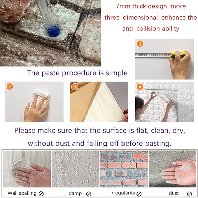 Yutianli 7mm Thick Anti-Collision Wall Panels, 10-Pack 57 Sq.Ft, Black, 3D Peel and Stick, Waterproof, Faux Brick, Self-Adhesive Decal for Bedroom, Living Room, Wall