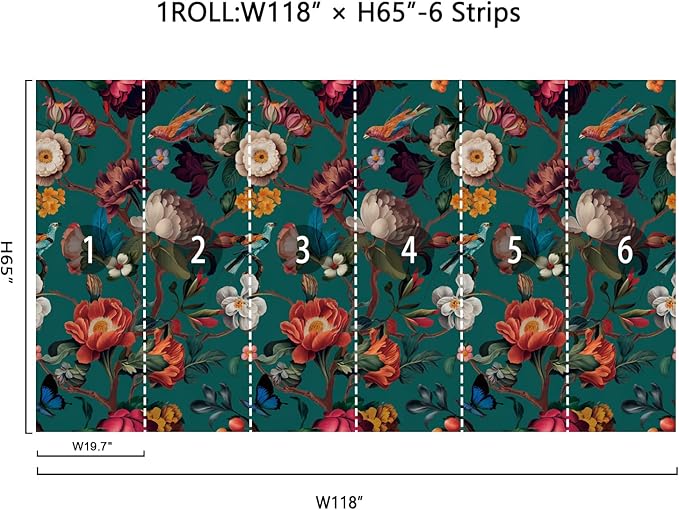 Zeeko Blue Floral Mural Peel and Stick Wallpaper Removable Vintage Wallpaper Large Art Decor for Bedroom Livingroom Home 118'' x 65''