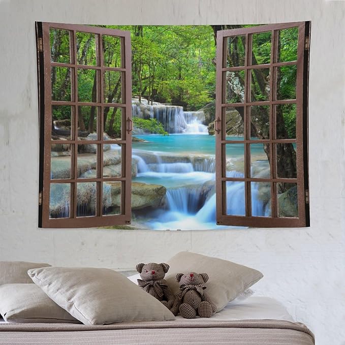 ZhiRain Waterfall Tree Landscape Tapestry Wall Hanging Natural Scenery Forest Garden Spring Stone River Tapestries Home Decor for Living Room Bedroom Apartment Farmhouse Dorm 60"x80"