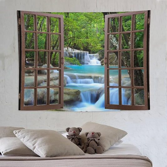 ZhiRain Waterfall Tree Landscape Tapestry Wall Hanging Natural Scenery Forest Garden Spring Stone River Tapestries Home Decor for Living Room Bedroom Apartment Farmhouse Dorm 60"x80"