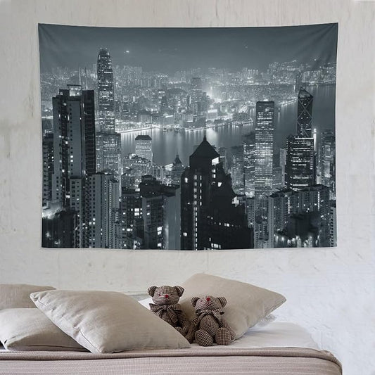 ZhiRain City Tapestry Wall Hanging Aerial Night View Hong Kong Skyline Modern Famous Urban Town Tapestries Home Decor for Living Room Bedroom Apartment Farmhouse Dorm 60"x80"