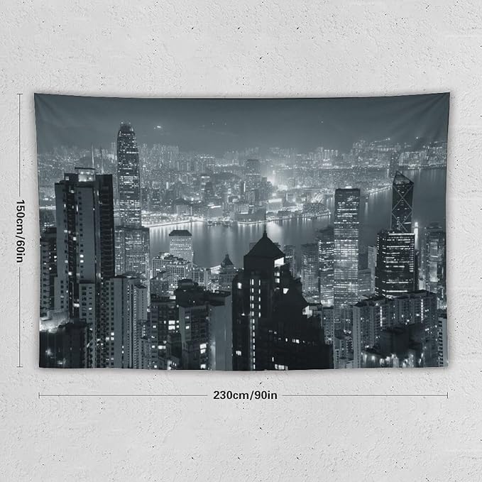 ZhiRain City Tapestry Wall Hanging Aerial Night View Hong Kong Skyline Modern Famous Urban Town Tapestries Home Decor for Living Room Bedroom Apartment Farmhouse Dorm 60"x90"