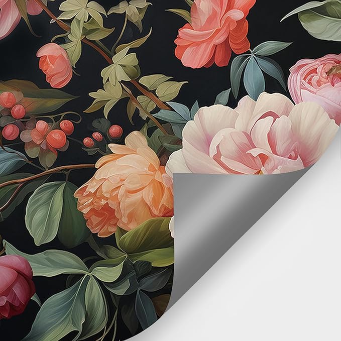 Zeeko Large Floral Peel and Stick Wall Murals 148" W x 98" H Vintage 3D Dark Peony Flowers Wallpaper Self Adhesive Nature Botanical Leaf Wall Stickers for Bedroom TV Background Living Room Decor